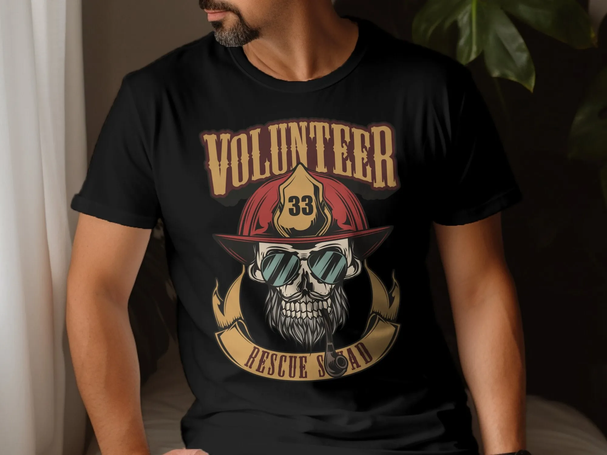 Volunteer Firefighter Skull T Shirt Rescue Squad Apparel Fire Department Unique Fireman Gothic Crew Neck