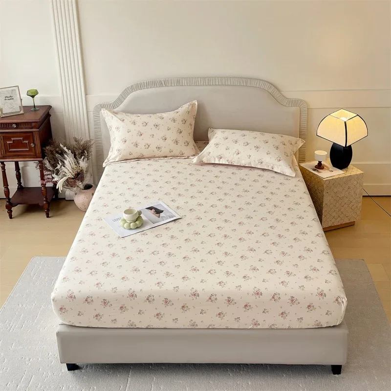Bonenjoy 1 Pc 100%Cotton Fitted Sheet Floral Flower Printed Bed Cover with Elastaic Queen/King Size Bed Fitted Sheet 180x200cm