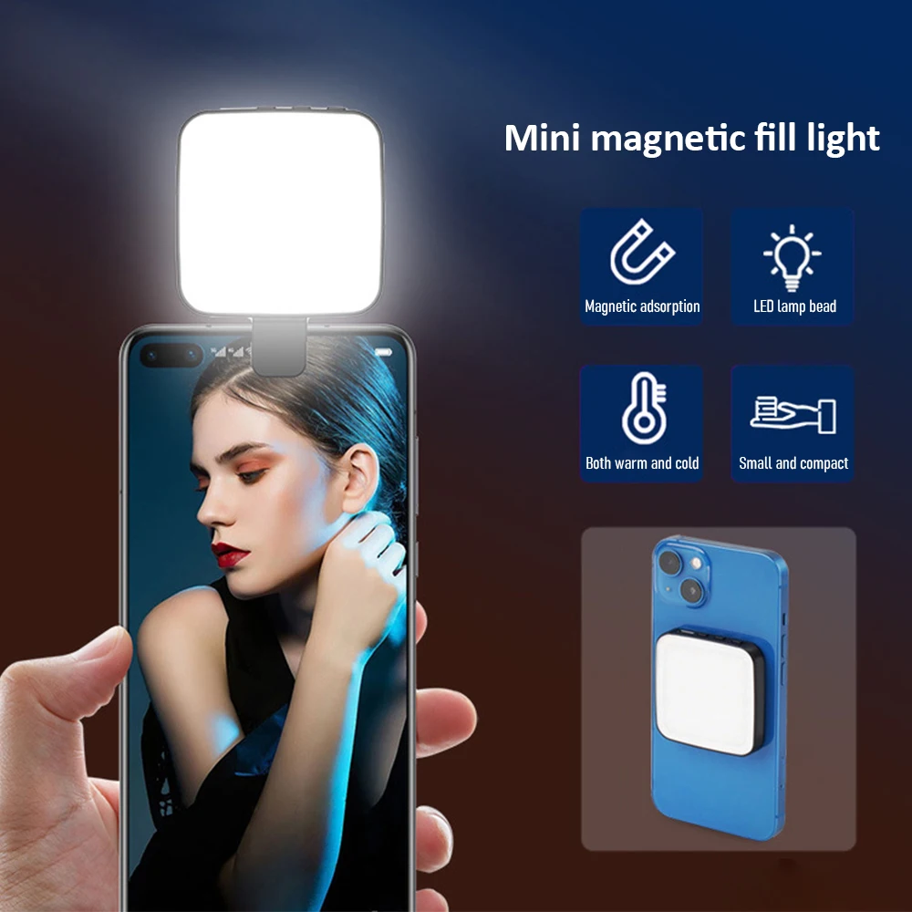 2W Magnetic Phone Light Pocket LED Selfie Light 2500K-8500K Dimmable with Metal Ring Suction Cup Clip for iOS Android Smartphone