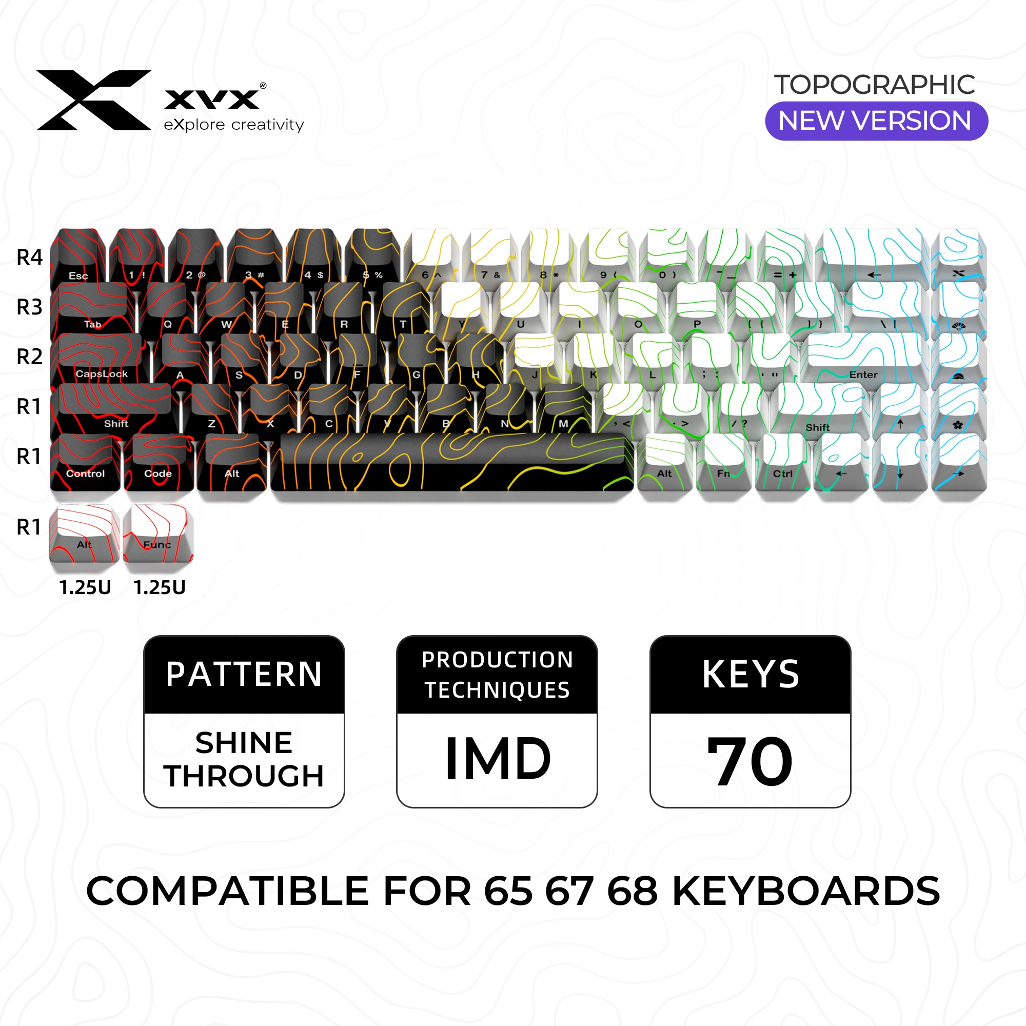 XVX 70 Keys Topographic Keycap Pattern Shine-Through OEM Profile IMD-Tech Keycap 2 Color Spliced Keycap Black and White