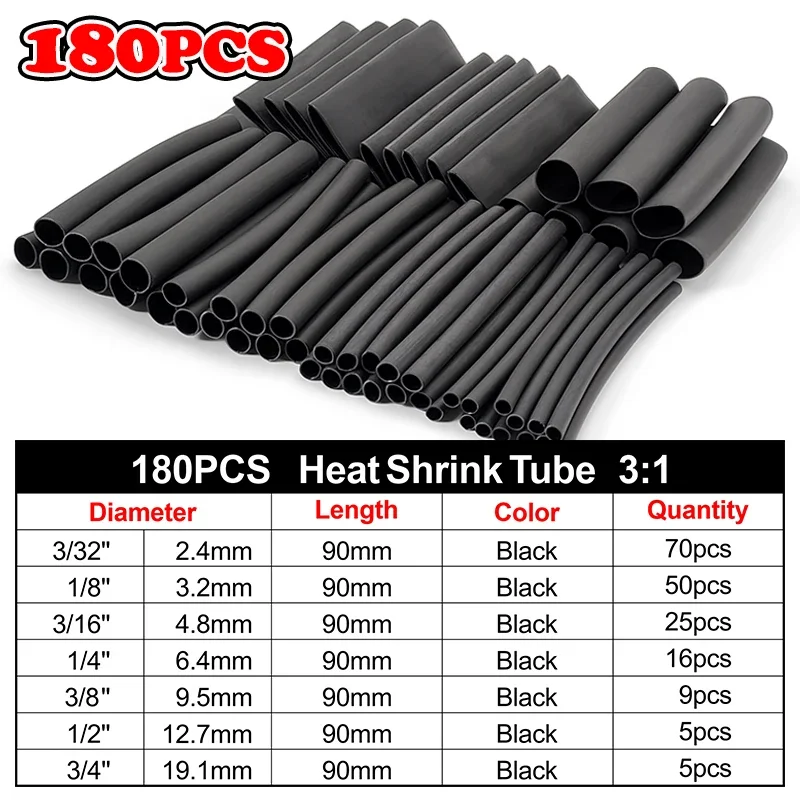 180Pcs 3:1 Black Flame Retardant Heat Shrink Sleeve High Elastic For Smart Watch Charging Data Cable Seal Cover
