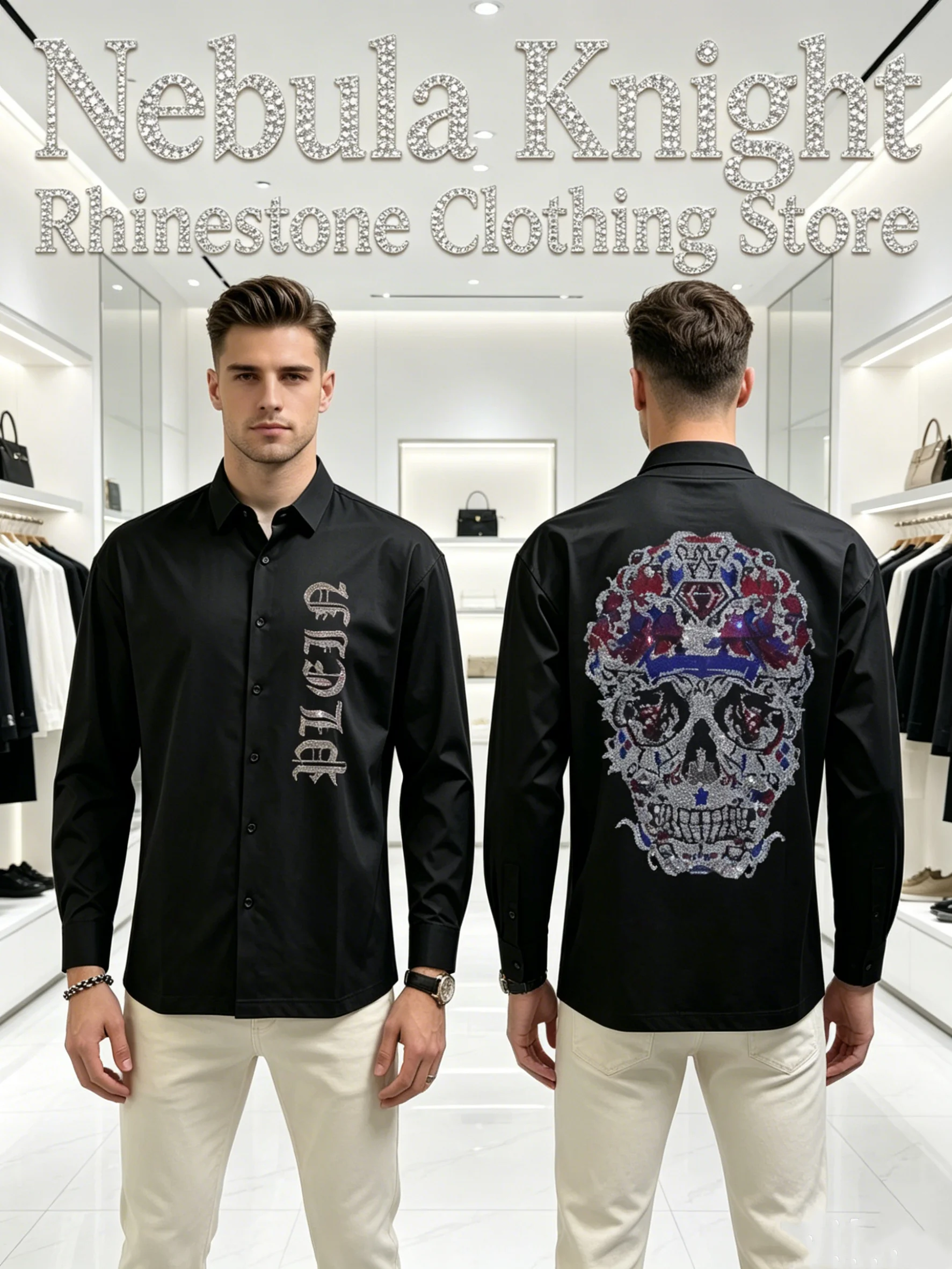 Men Daily Casual Long Sleeve Shirt Luxury Rhinestone Skull Pattern Slim Fit Black High Street Button Down Dress Top