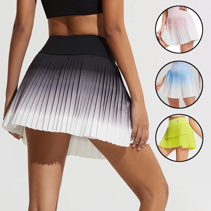 

2025 New Gradient Tennis Skirts Women 2 in 1 Pleated Sport Skorts with Pockets High Waist Quick-Dry Golf Badminton Skirts