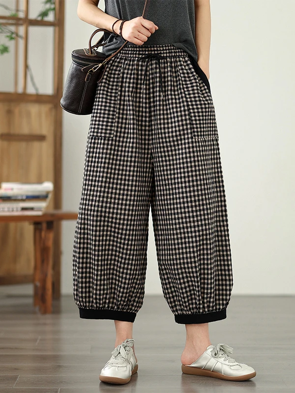Retro algodão linho xadrez lanterna calças femininas verão fino cintura alta drape casual solto emagrecimento linho calças de sete pés
