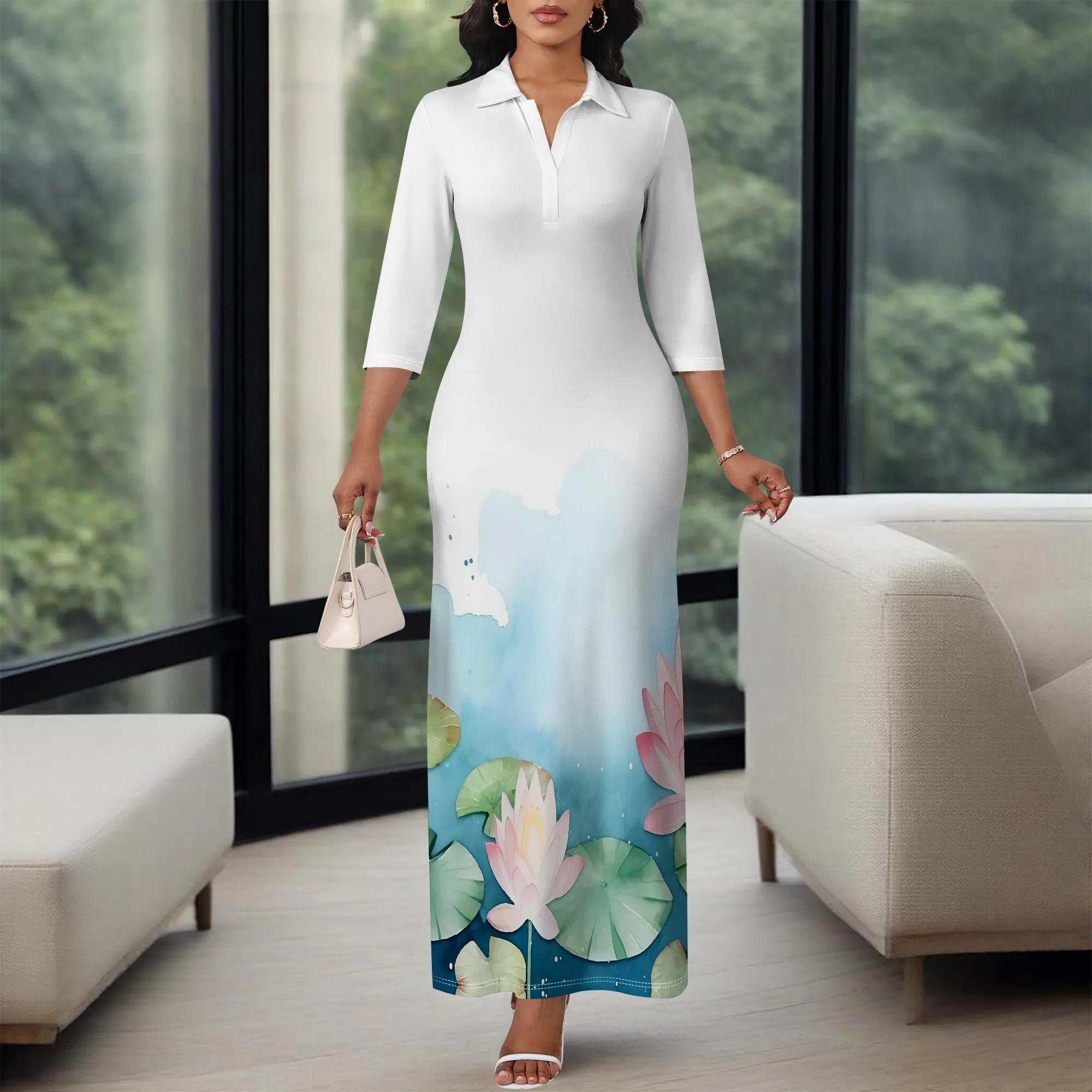 

Oriental Style Maxi Dress for Women Lotus Flower Print Polo Neck 3/4 Sleeve Modest Fit Gown for Eid Brunch 2025 Fashion