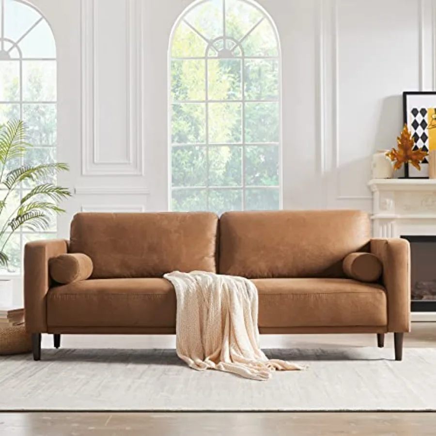 79 Brown Faux Leather Couch for Living Room, Mid-Century Modern Sofa with Durable Construction and Timeless Design