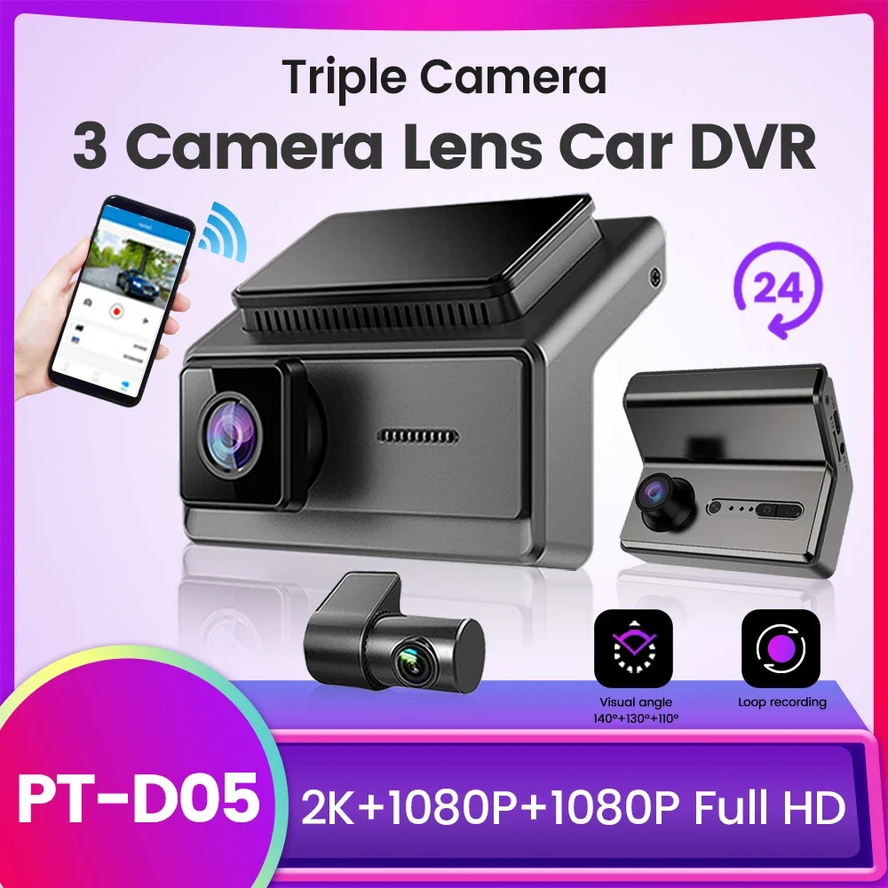 

2K 1080P 3 Camera Lens Car DVR FULL HD Dash Cam Video Recorder WIFI Phone Link Rear View Camera Auto Part 24H Parking Monitor