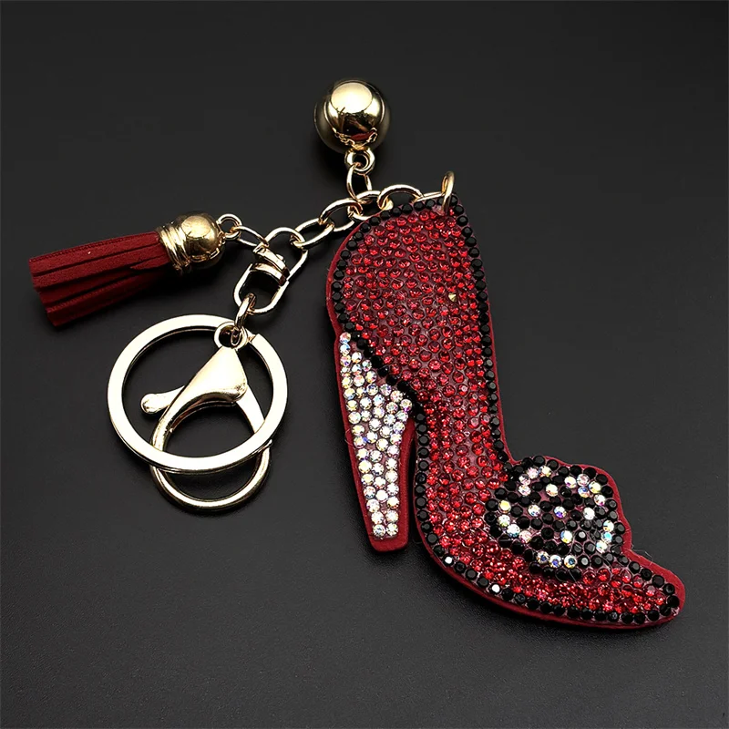 Red Blingbling High Heels Shoes Keyring For Women Girls Shine Full Crystal Tassel Flower Charm Purse Bag Pendant Jewelry Decor