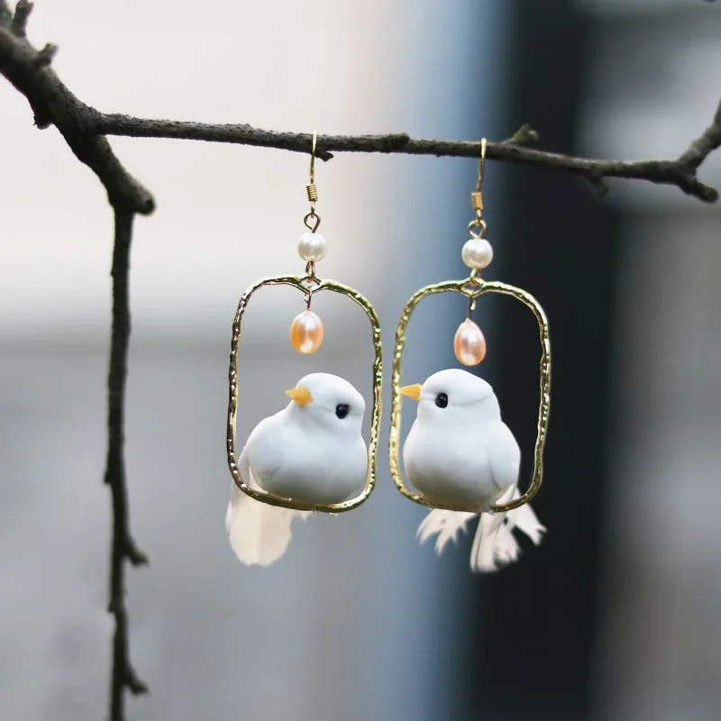 

Unique Design Resin Small Birds Earring Creative 3D Tit Pendant Cute Earrings With Pearl Women Statement Jewelry Wholesale