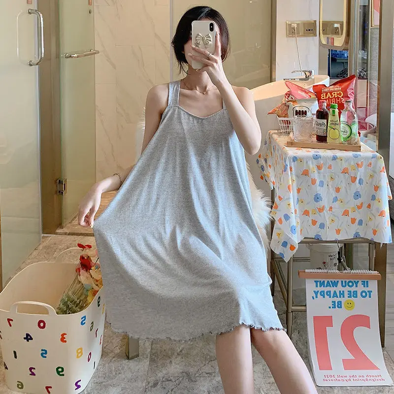 Women Cute Nightgown Pajamas Milk Silk Solid Color Sleepwear V Neck Lingerie Sexy Spaghetti Strap Nightwear Girls Homewear Dress