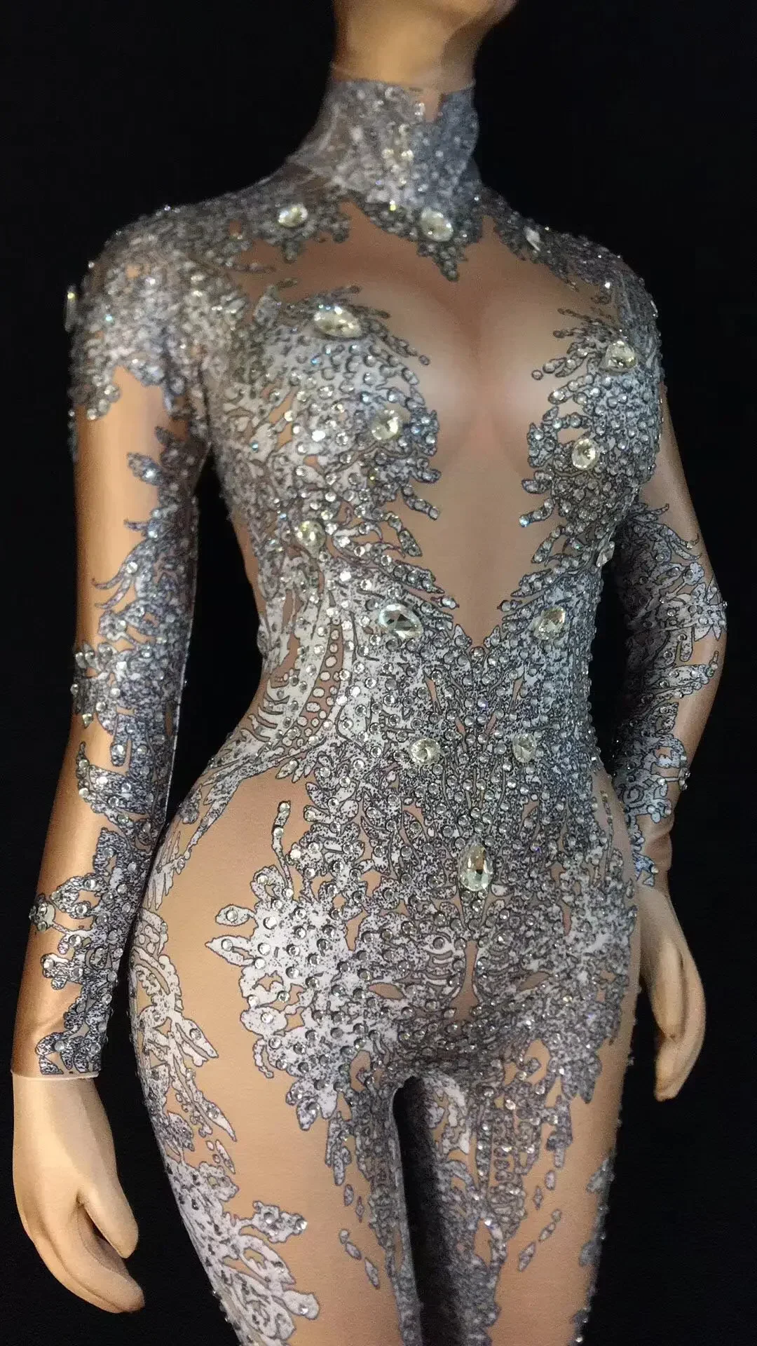 

2026 Jumpsuits Women Silver Beading High Elasticity Performance Party Celebrate Luxurious Stage Drag Queen Costumes Pole Dance