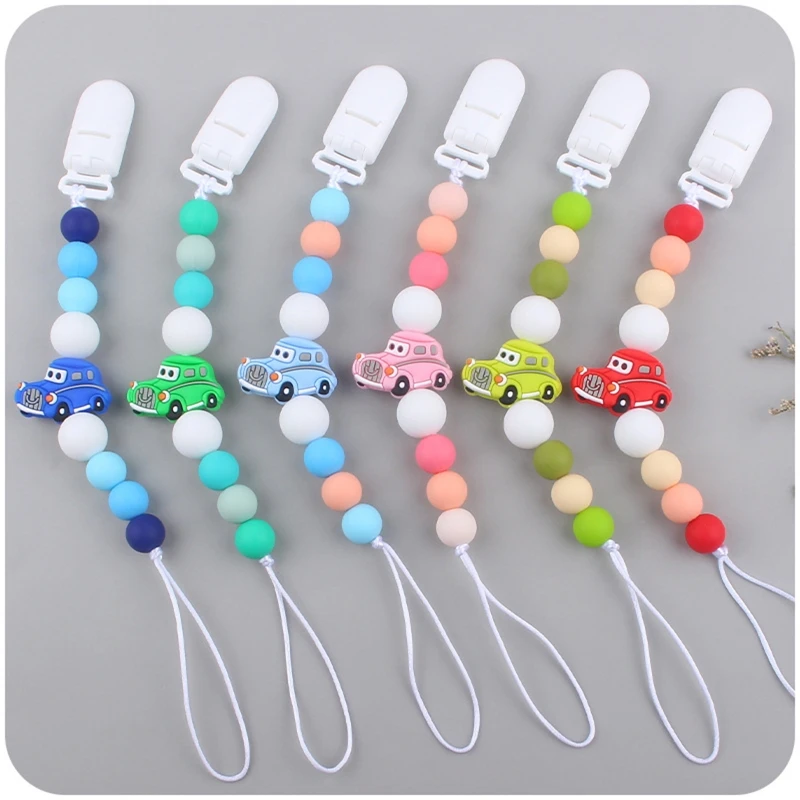 Baby Silicone Beads Pacifier Clip with Cartoon Car Fire Soother Chain Teething Chewable Teether Toy Nipple Clamp