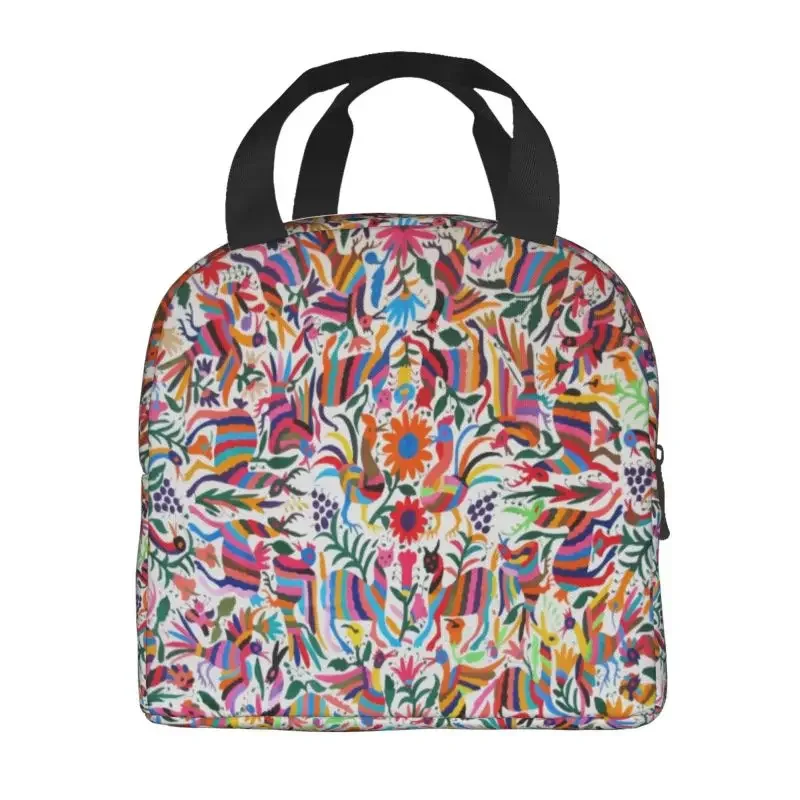 Mexican Otomi Fabric Mexico Art Thermal Insulated Lunch Bag Flowers Mexico Resuable Lunch Tote for Outdoor Travel Food Box