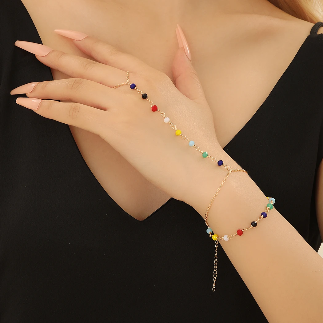 QIMING Colorful Beads Finger Ring Bracelet Women Girls Connected Metal Harness Jewelry Layer Charm Bracelets