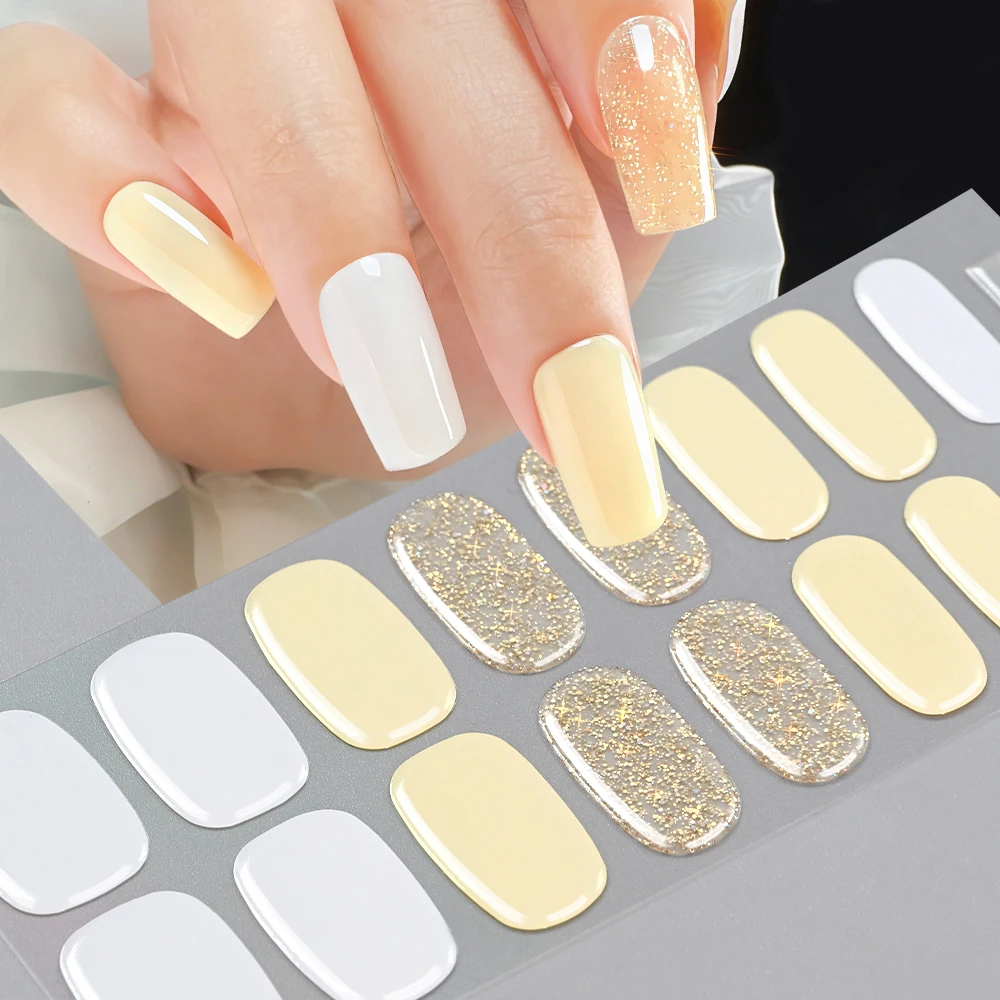16Tips Solid Color & Glitter Semi Cured Gel Nail Strips Self-Adhesive Baking Free Elegant Gel Nail Sticker Full Coverage Decals