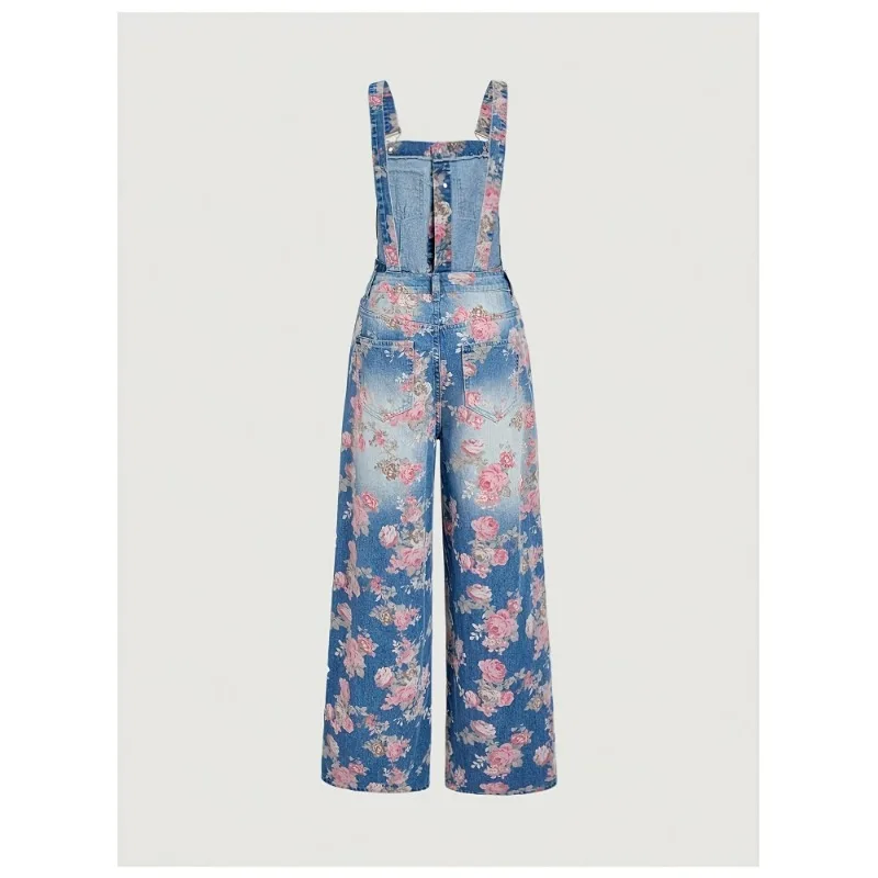 Vintage Washed Floral Print Denim Overalls For Women Adjustable Strap Wide Leg Elegant Daily Fashion Jumpsuit