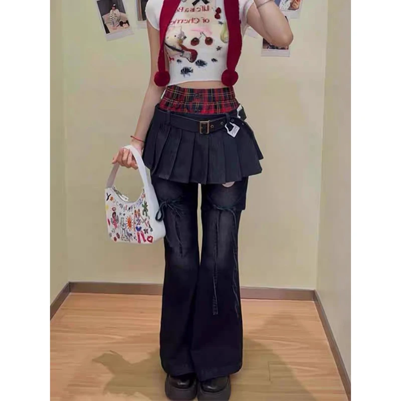 이바슈 가을 여성 데님 팬츠 슬림 플레어 진 페이크 투피스 벨 바텀 진 아비 Y2K 다크 아카데미아 스키니 사이버 펑크