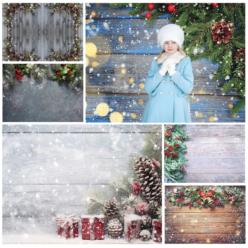 

MOON.QG Wooden Board Plank Christmas Backgrounds for Photographs Pine Branch Gifts Backdrop Photobooth Shooting Props Photo