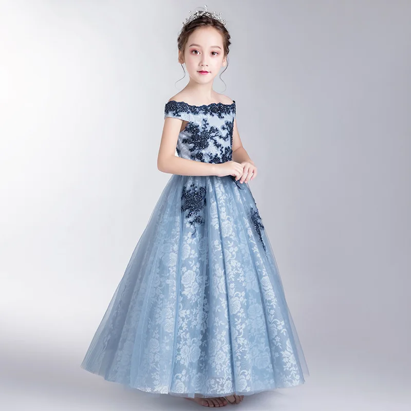 Child Girls Long Luxury Party Gowns 2023 Formal Kids Elegant Prom Evening Dresses 4 To 6 12 Years Child Cute Blue Princess Dress