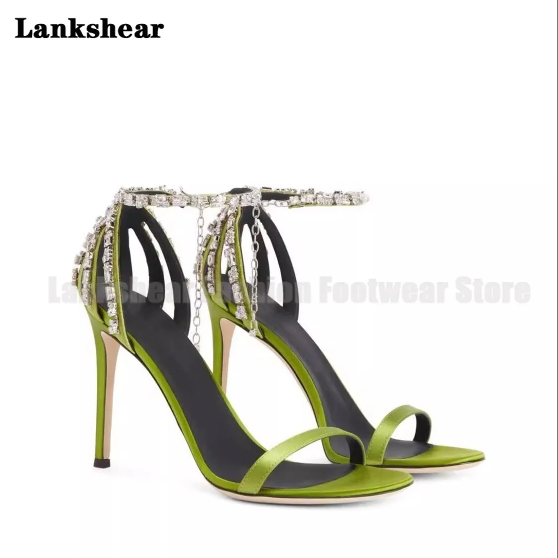 

Green Silk Silver Rhinestone Chain Sandals for Women Buckle Wedding Pumps Open Toe Luxury High Heel Crystal Summer Evening Shoes