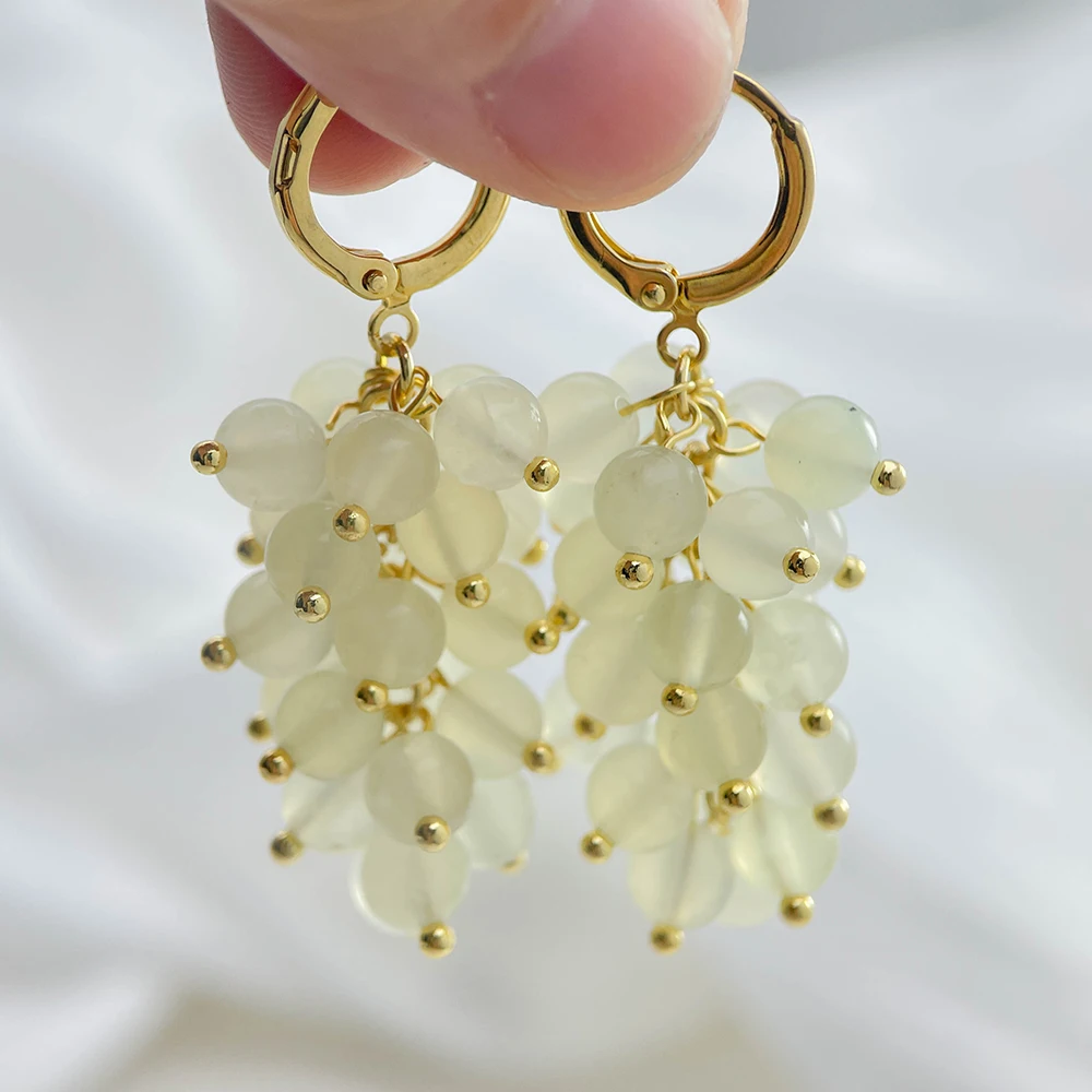 Grace Cluster Niagara Grape Jade Beads Chandelier Drop Dangle Earrings For Women Party Jewelry Brass w Gold Color Handmade