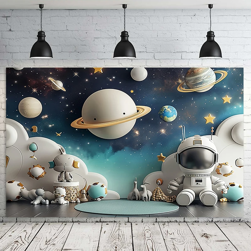 Astronaut Outer Space Planet Background Cloth Room Decoration Children\'s Birthday Party Baby Shower Layout Banner Props