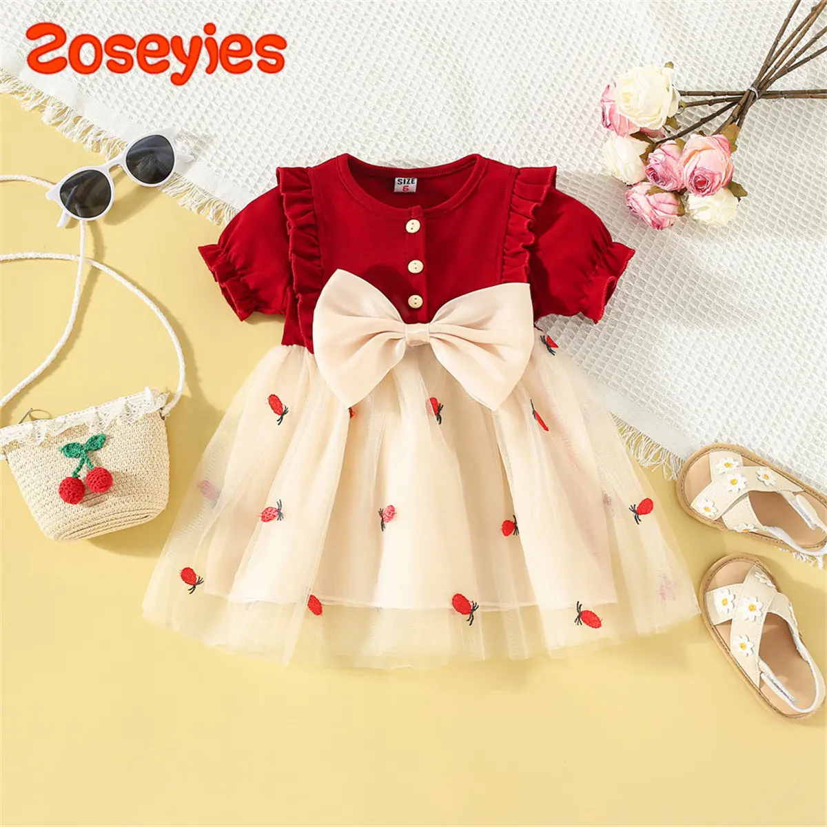 Baby Girl Newborn Clothes Cotton Red Short Sleeve Mesh Dress Baby Girl Korean Style Sweet  Birthday Dress for Kids Girl