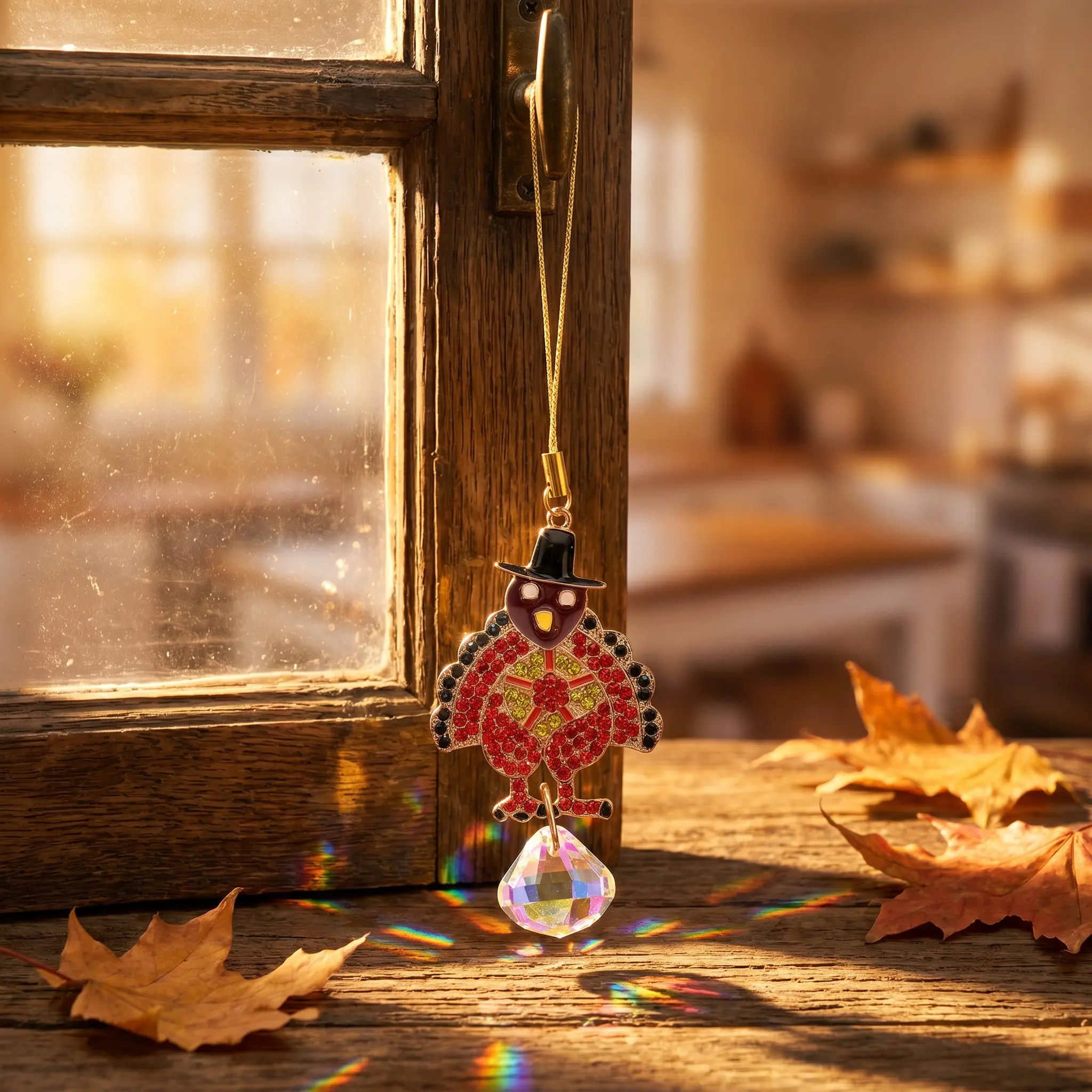 4Pcs Turkey Thanksgiving Suncatcher Crystal Prism Rhinestone Autumn Window Hanging Decoration Fall Turkey Ornaments