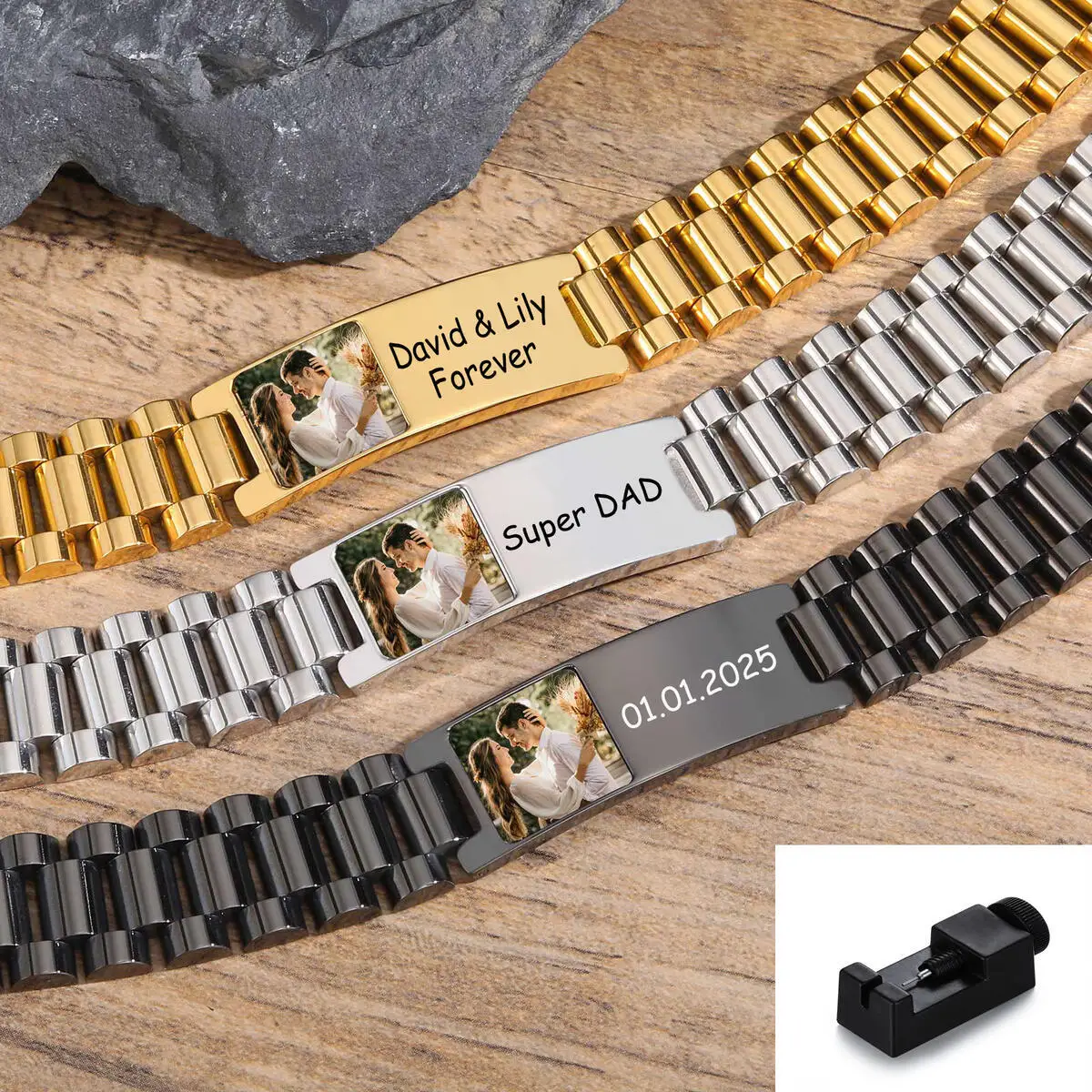 

Customized Color Photo Bracelets for Men,Stainless Steel Watch Band Wristband with Free Regulator,Valentine's Day Father Gift