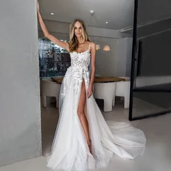 LoveDress-Vestido De Novia De línea a con cuello en V, traje De Novia De playa con tirantes finos, abertura lateral alta, Apliques De encaje