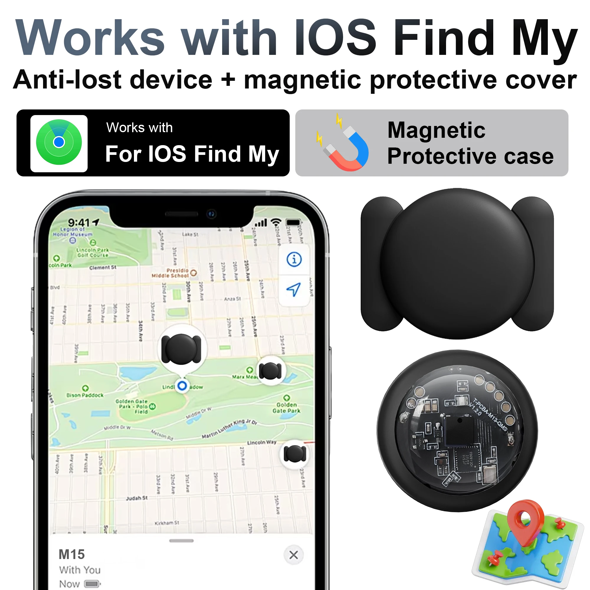 Item tracker/car tracker. Compatible with Apple (does not support Android), used as an anti loss device for tracking items.