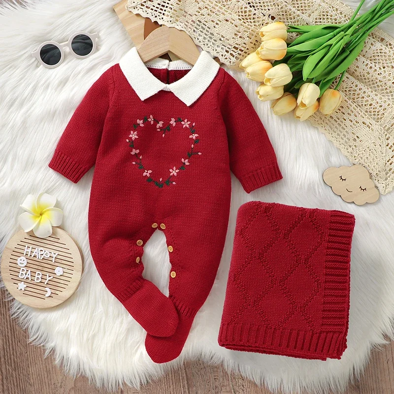 

Newborn Baby Romper Blankets Set Knitted Infant Long Sleeve Jumpsuit +Quilt Fashion Solid Soft Toddler Clothes Bedding 2PC 0-9M