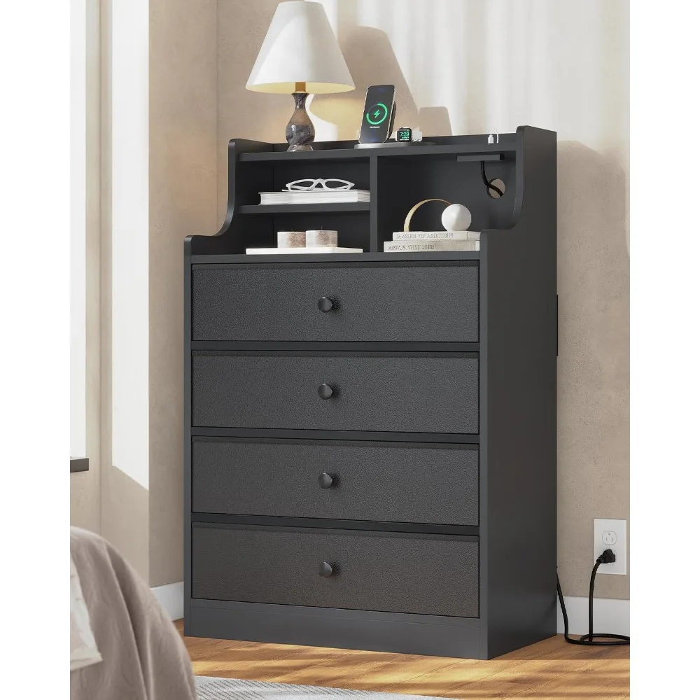 

Tall Dresser for Bedroom,4 Drawer Dresser with Charging Station & Hutch,Black Wood Chest of Drawers with PU & Fabric Drawers