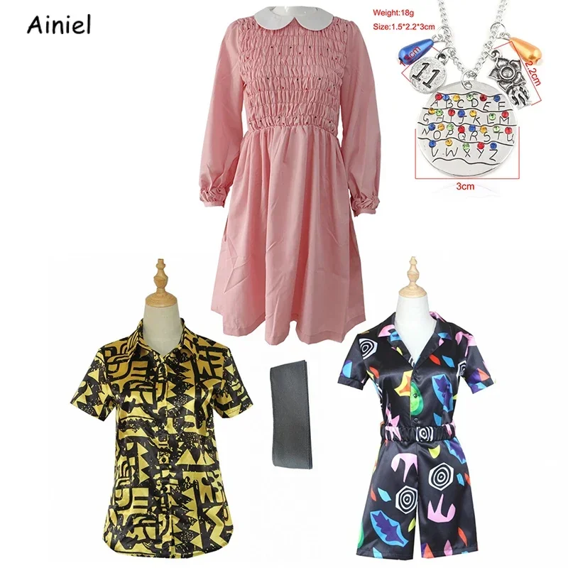 

Stranger Season Eleven Cosplay Costume Dress Short Sleeve Shirt Jumpsuits Yellow Blindfold Suspender Halloween Carnival Wome$0$i