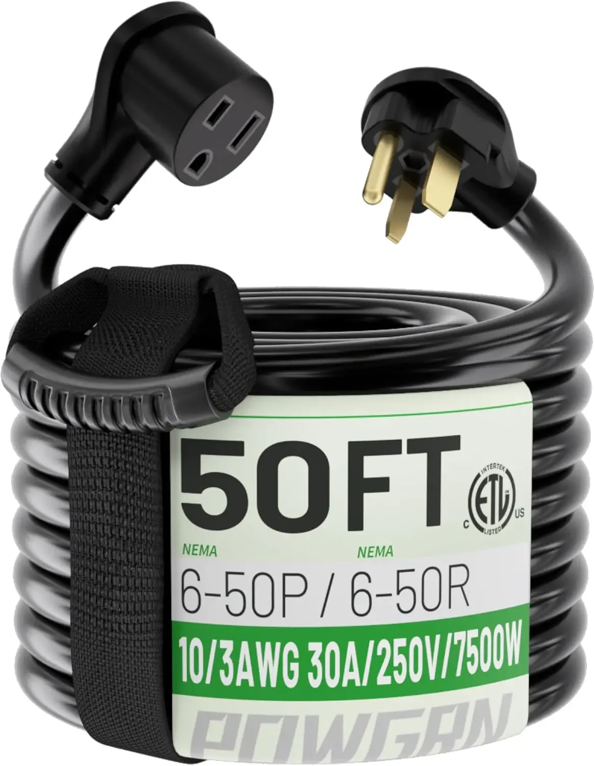 30 AMP 50ft Welder Extension Cord Outdoor 10 Gauge, 250V NEMA 6-50 Heavy Duty Welding Cord 3 Prong, 10AWG SJTW Black, ETL