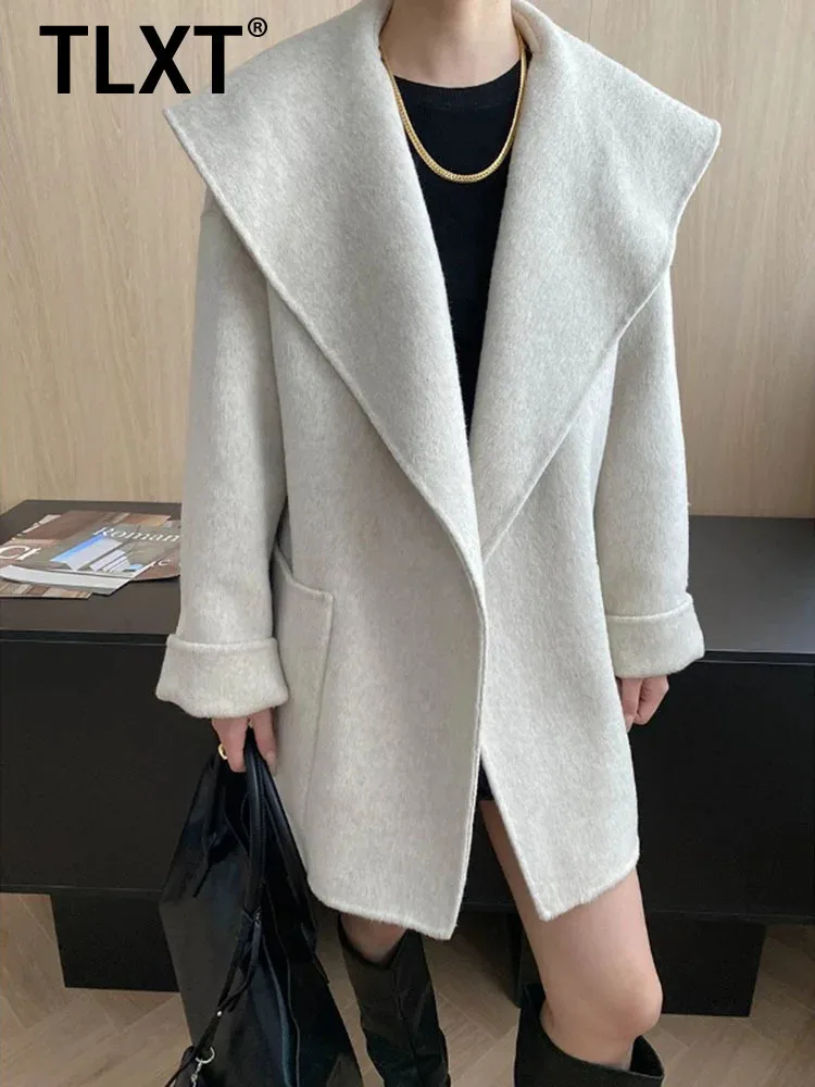 

TLXT Elegant Women's Woolen Coats Bathrobe Cape Style Design Turn-Down Collar Lace-up Double-Sided Coats Female Winter 2025 New