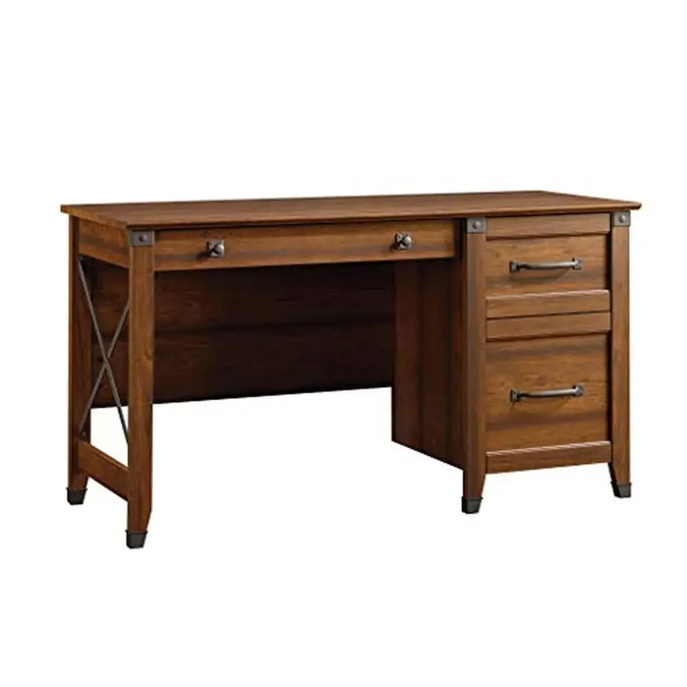 3-Drawer Writing Desk Washington Cherry Finish Metal Runners Hanging Files Wrought Iron Accents Easy Assembly Rectangular 53.19