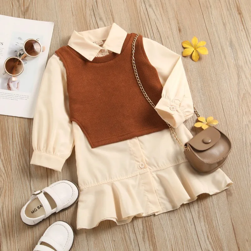 Children's Clothing sets 2-6 Years Long Sleeve Shirt Dress + Knitted Vest 2 Pcs Set European and American Fashion Kids Clothing