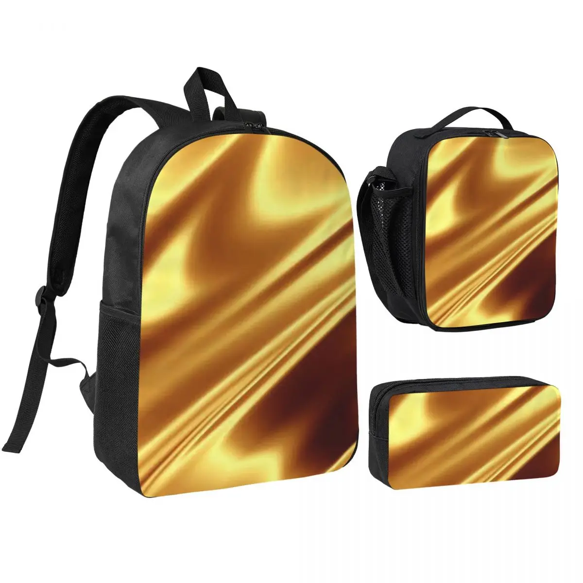 

Golden Fabric Geometric Wave Pattern Backpack Student BookBag School Bag Shoulder Bags 3ps Insulated Lunch Bag Pencil Case