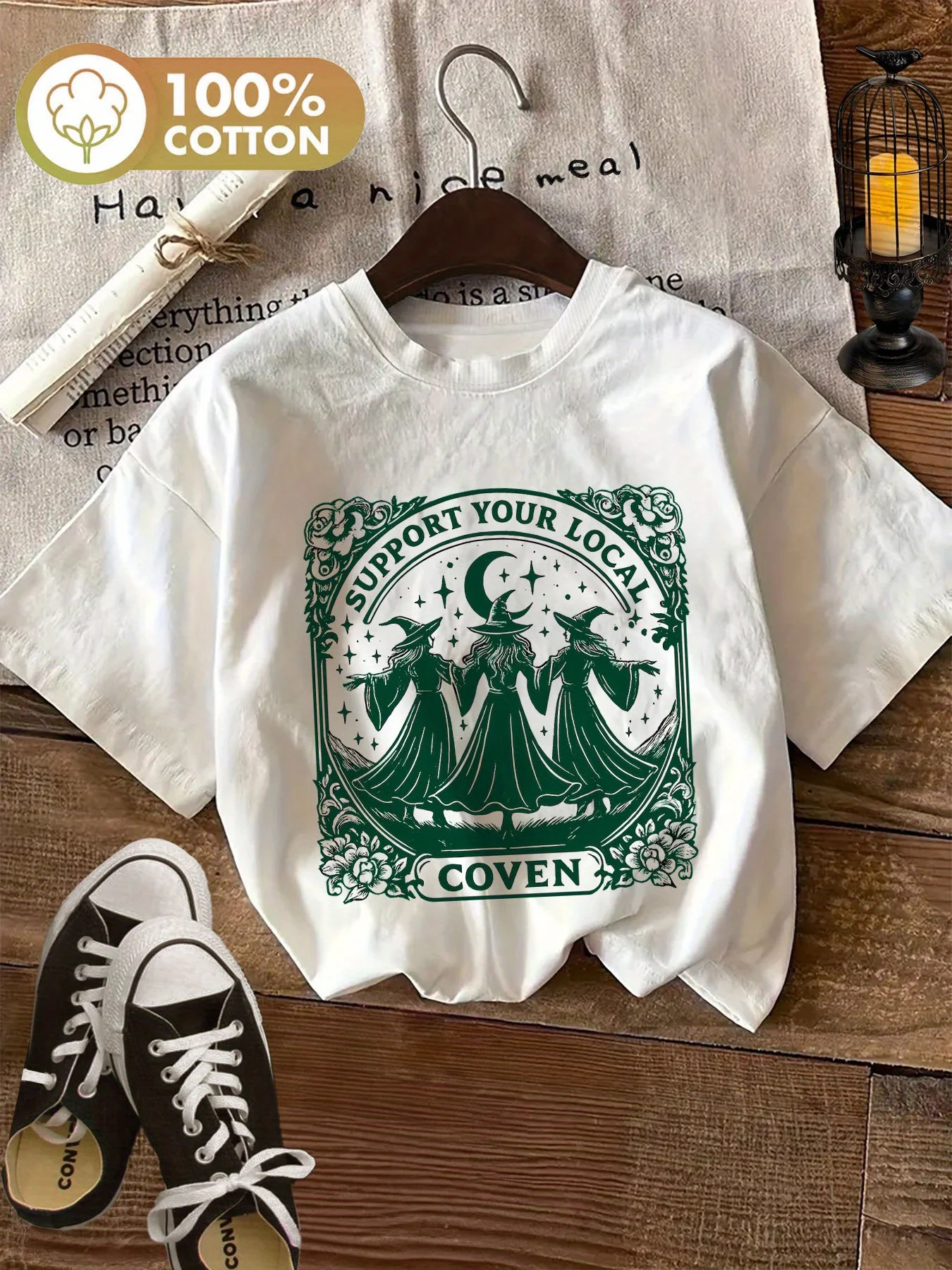 Halloween Vintage Style Graphic Tops Witch Moon Support Your Local Cocen Printed Women T Shirt Short Sleeve Round Neck T-Shirt
