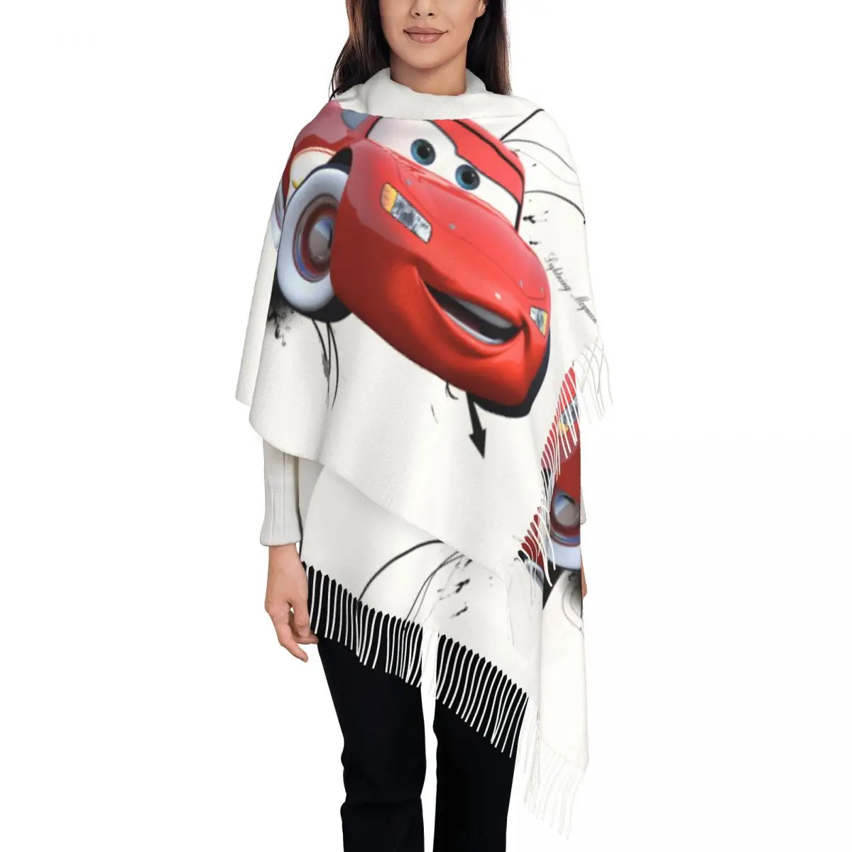 Custom Ladies Long Lightning Mcqueen Cars Scarves Women Winter Fall Thick Warm Tassel Shawl Wrap Cars Scarf