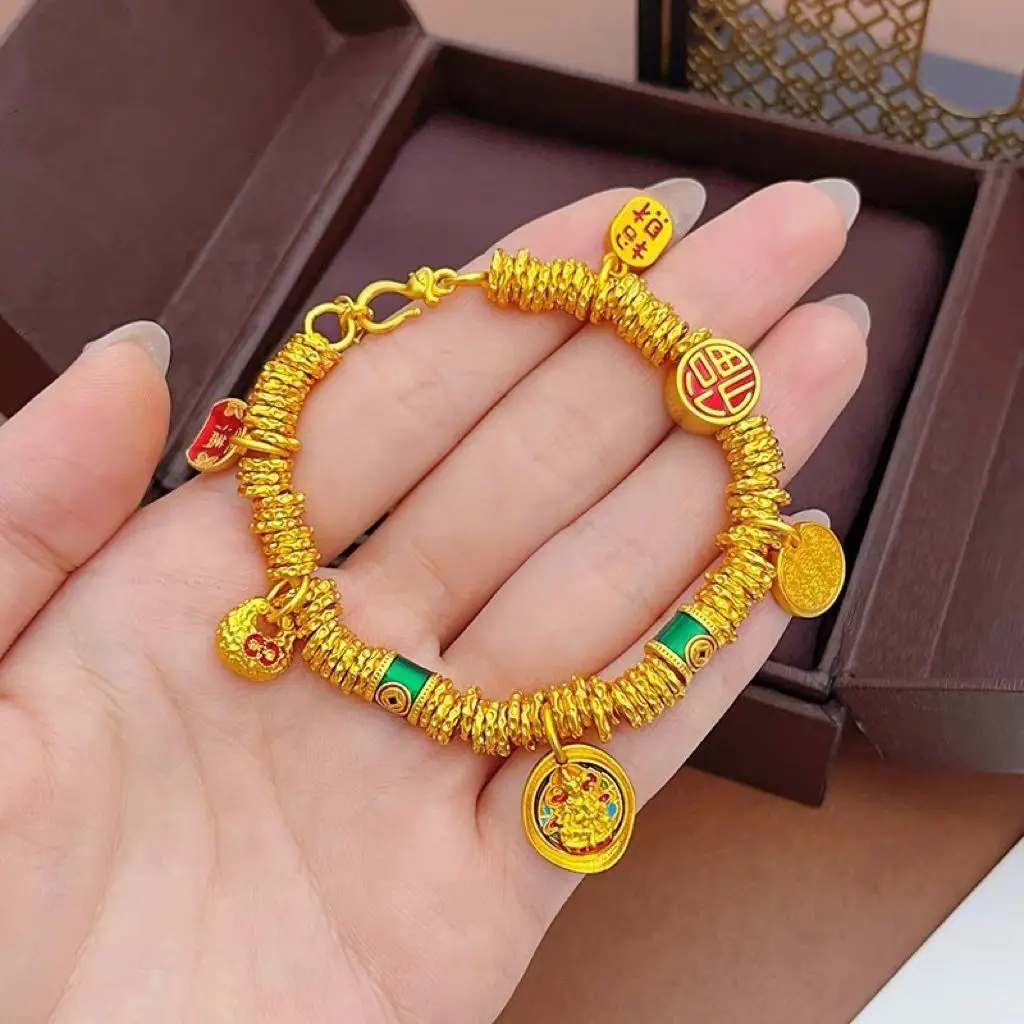 24K real gold burnt blue enamel  of Wealth Xiaopang Fu Bao Bao Bracelet 9999  national style five-way God of Wealth Bracelet