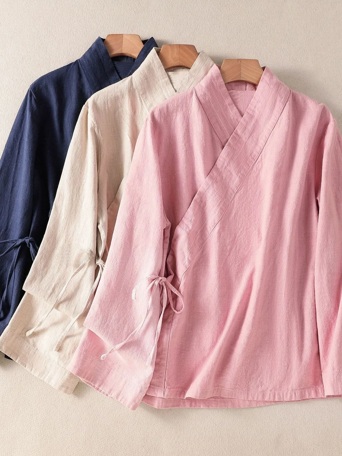 

New Chinese Style Cotton Linen Women's Long Sleeve Shirt Spring New Crossed Belted Zen Tea Costume Top Coat Vintage Loose Fit