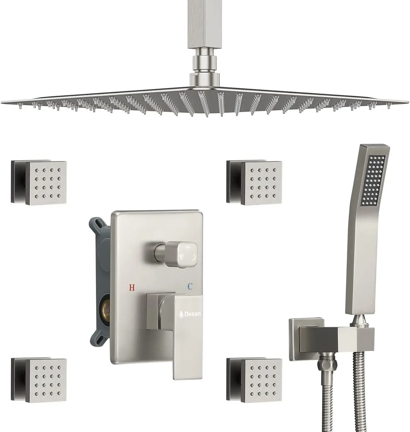 Brushed Nickel Shower System With 4 Pcs Shower Body Spray Jets & 12’’ Ceiling Shower Head & Handheld Spray, Dasan Full Body