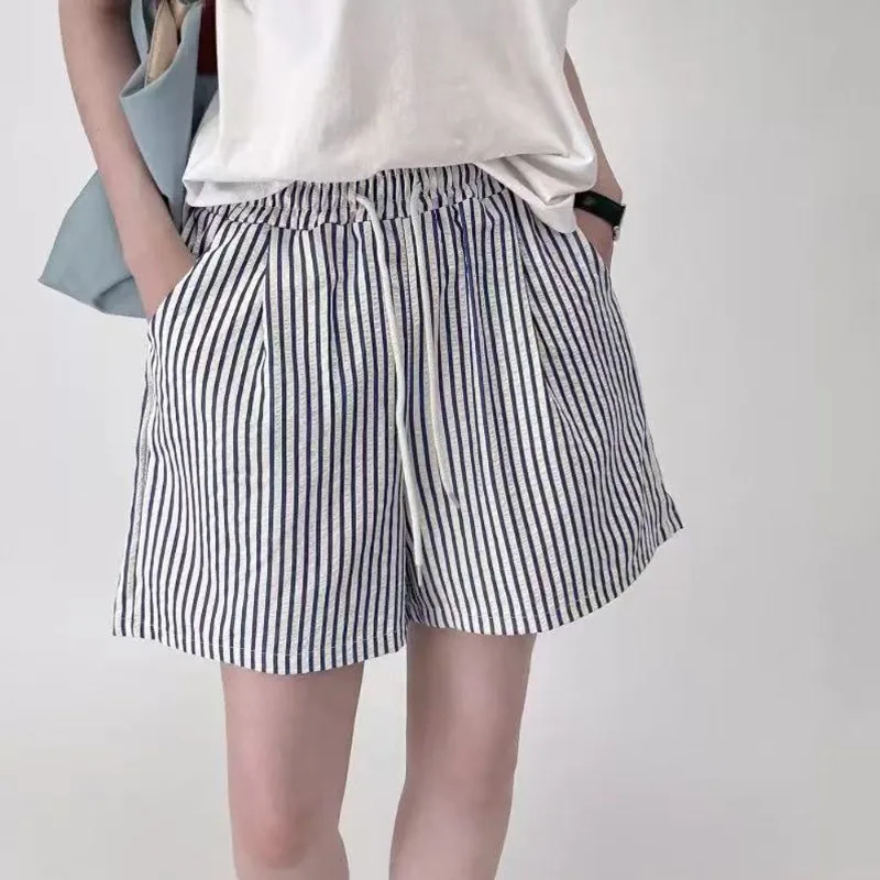 Stripes Shorts for Women Drawstring Thin Wide Leg A-line Breathable Bottoms Shorts High Waist Casual Vacation Beach Short Pants