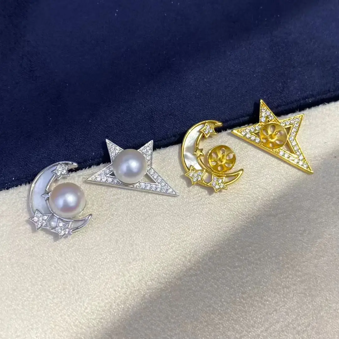 Moon Star S925 Sterling Silver Earrings Mount Findings Settings Base Mounting Parts Accessory Fittings for 7-8mm Pearls