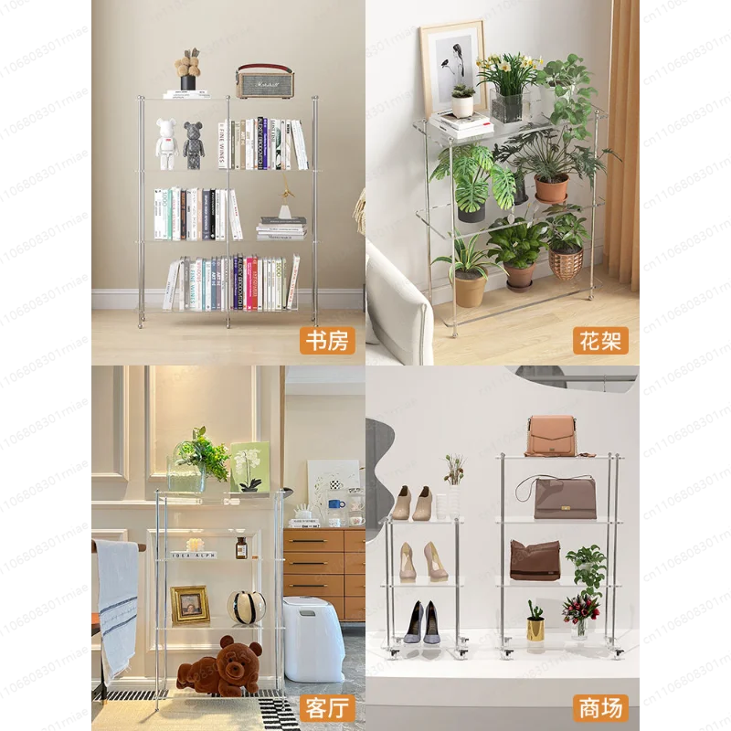 Acrylic display cabinet floor-to-ceiling transparent glass mobile trolley living room sofa crevice wrought iron rack