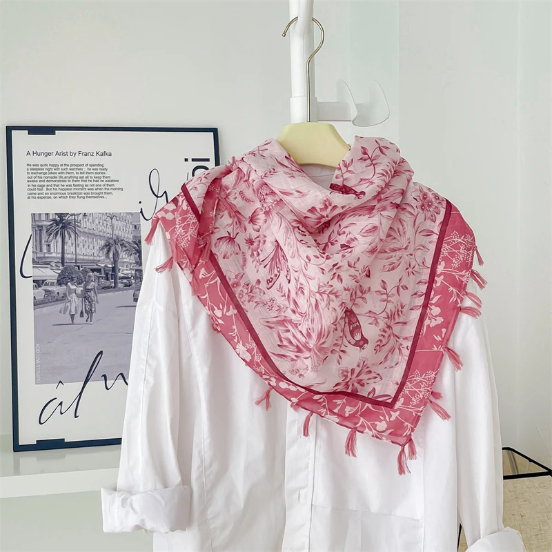 Fashion Lace Tassel Scarf Thin Sheer Triangle Scarf Women Hollow Out Floral Scarves Shawls Shawl Elegant See Through Red Pink