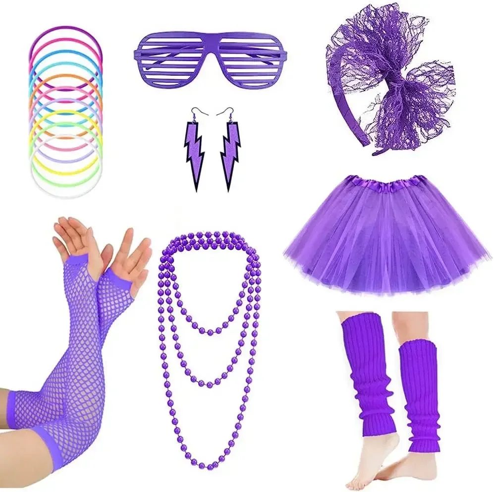 フィッシュネットレッグウォーマー,ピンクグローブ,ネオンネックレス,パール,レースボウ,ヘッドバンド,照明イヤリング,サングラス,80年代の派手なパーティー,Tutu-80s