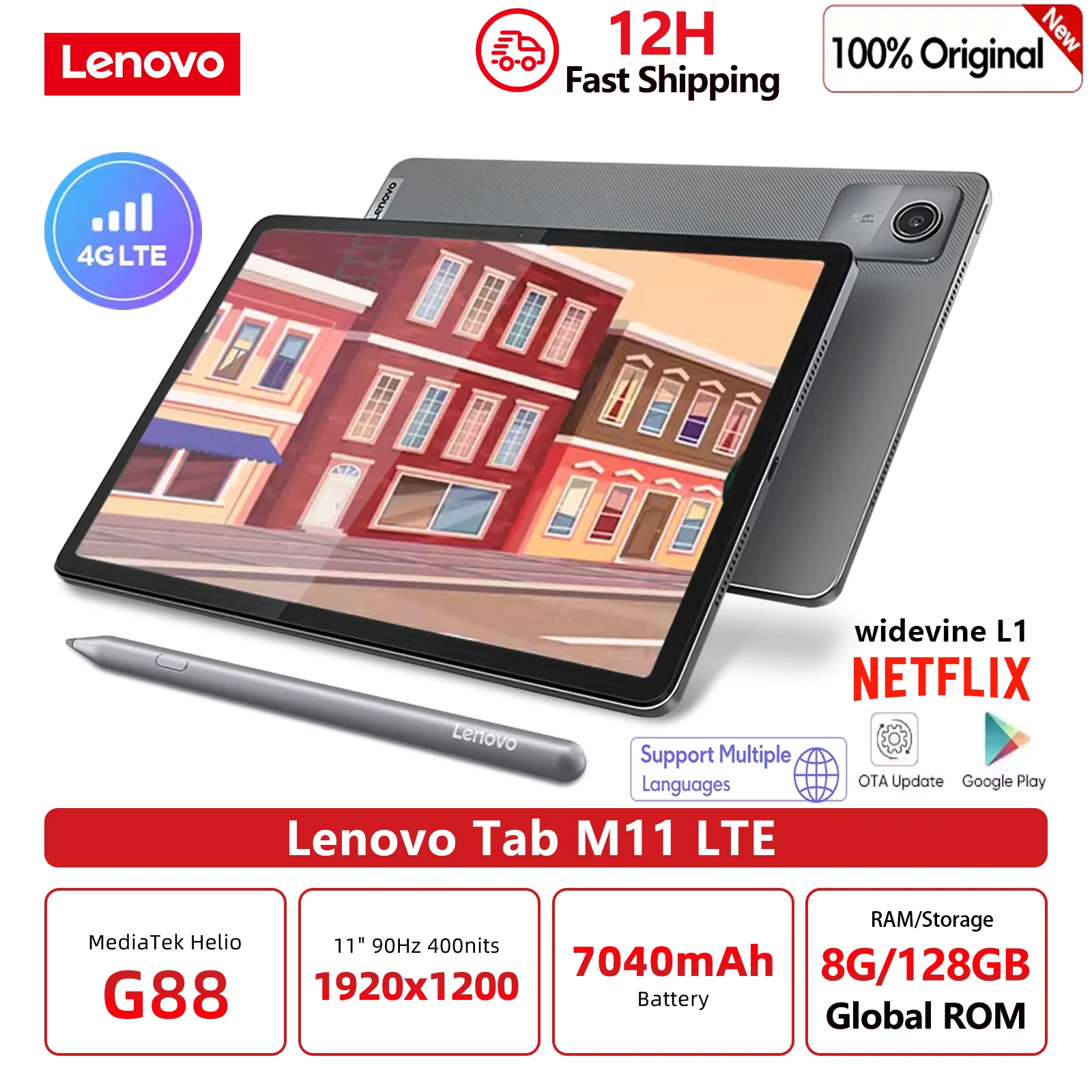 Global Rom Lenovo Tab K10 M11 Wifi/LTE MTK Helio G88 Zhaoyang หลายภาษา 10.95 นิ้ว 90hz 400nits Face Recognition 7040mAh